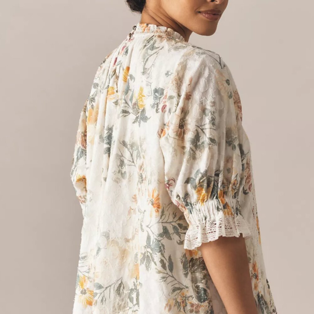 Pilcro Anthropologie Short-Sleeve Mock-Neck Ruffle Mini Floral Dress Small - Picture 10 of 13